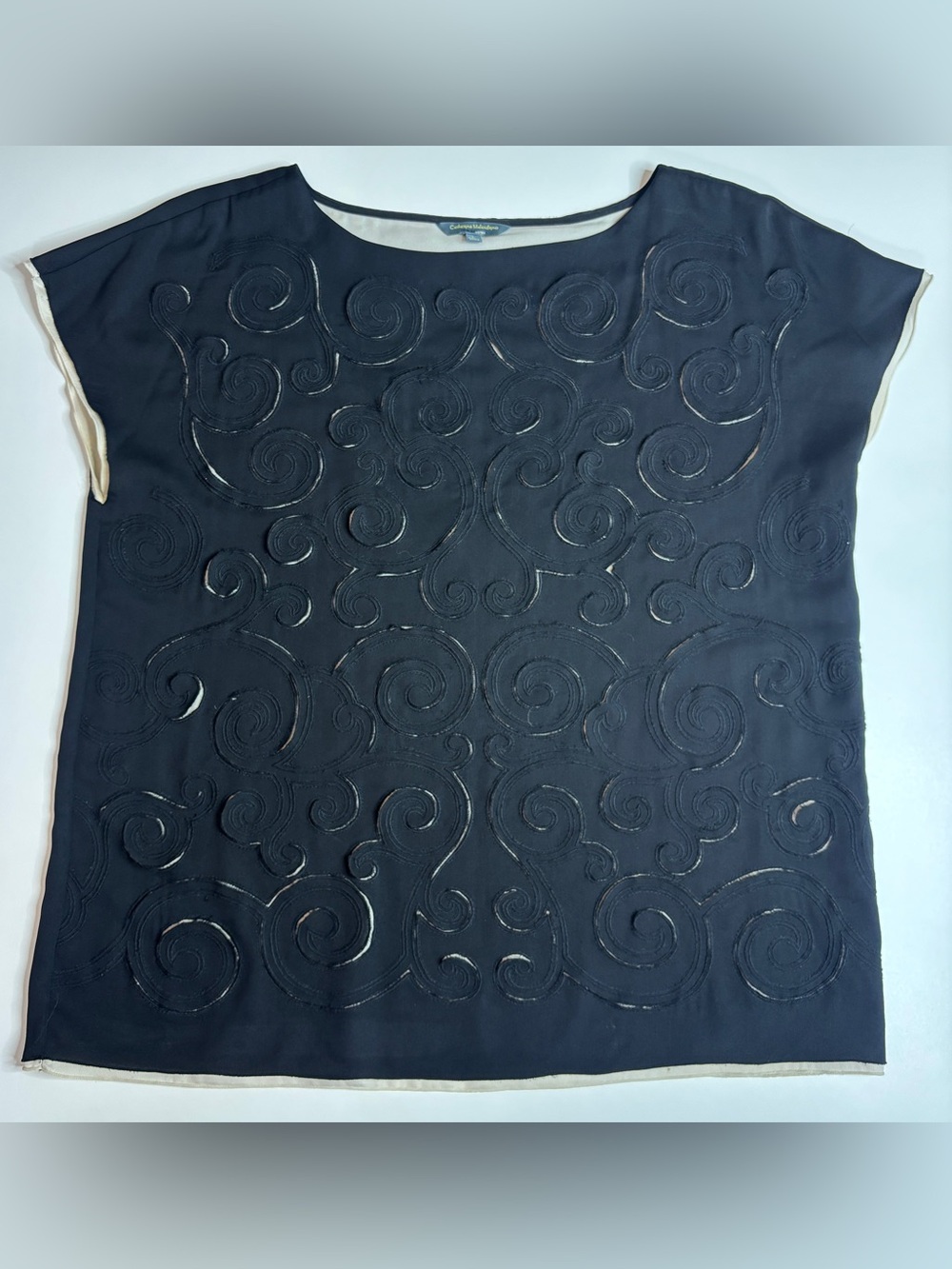 Catherine Malandrino Sheer Embroidered Swirl Blouse Artsy Minimalist Chic Top